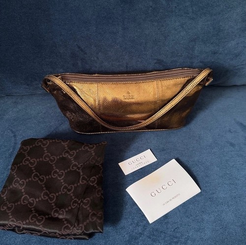 Vintage 90's Gucci metallic bronze karung Python "boat" pochette shoulder bag
