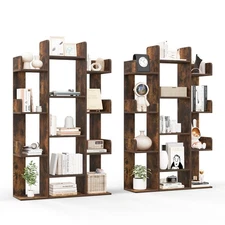 2PCS Bookshelf Tree-Shaped Bookcase w/13 Storage Shelf Rustic Industrial Style