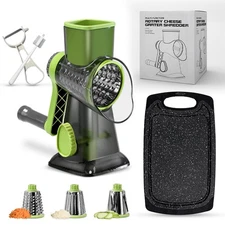 Hand Crank Cheese & Vegetable Grater, Manual Slicer/Grinder, Small, Green