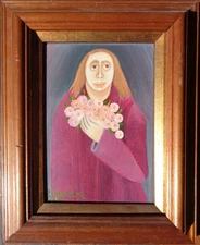 Brazilian PRIMITIVE painting by ELZA de OLIVEIRA SOUZA of GIRL holding FLOWERS