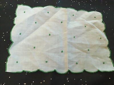 Vintage Green & White Embroidered Coaster Cocktail Napkin VGC 