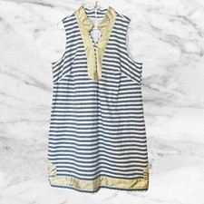 Eliza J Dress Gold Metallic Mandarin Collar Sleeveless Shift Dress Blue Stripes