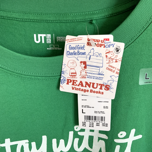 UNIQLO PEANUTS Vintage Books Stay with it, SNOOPY Oversized T-Shirt L Large NWT - Picture 2 of 14