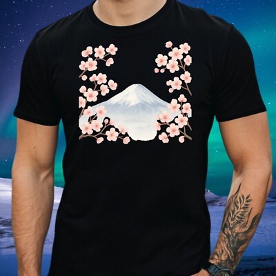 Mens Cherry Blossom Mountain Motif Cotton T-Shirt Size XS to 5XL