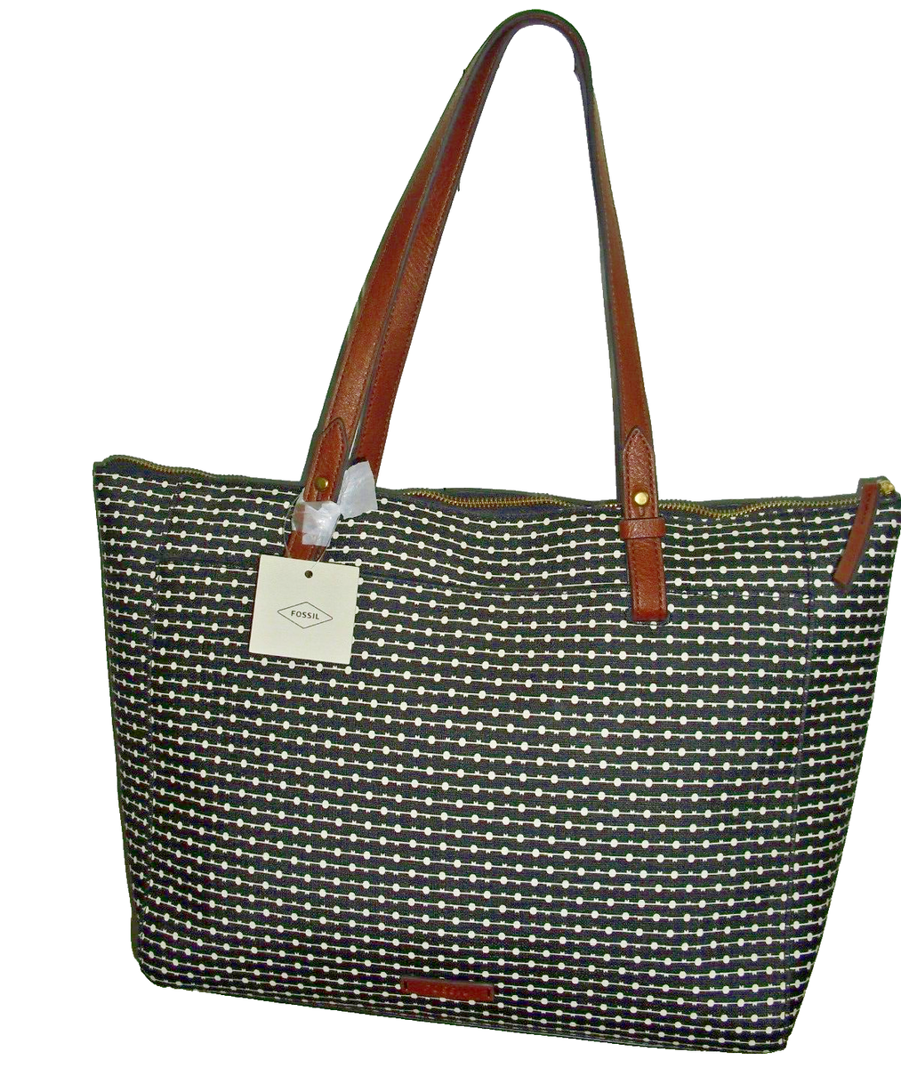 BRAND NEW~Fossil Rachel Large TZ Tote Bag Top Zip Black White