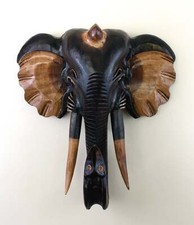 12" Wooden Hand Carved Brown Elephant Head Wall Statue Sculpture Hanging Decor
