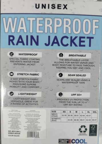 32 Degrees Cool Unisex UPF 50+ Waterproof Rain Jacket, Black, Men's S /Women's M - Picture 2 of 4