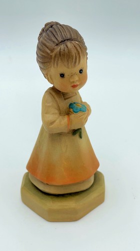 Vintage Sarah Kay Anri Club Holzskulptur: Mädchen hält blaue Blume Italien mit Box - Bild 7 von 23