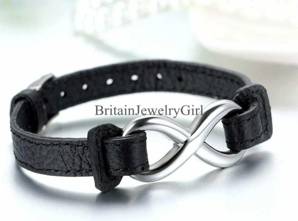 Brazalete brazalete Love Infinity de cuero negro de acero inoxidable para hombre y mujer Foto 3 de 4