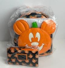 Loungefly Disney Mickey O Lantern Pumpkin Glow In The Dark Mini Backpack Wallet