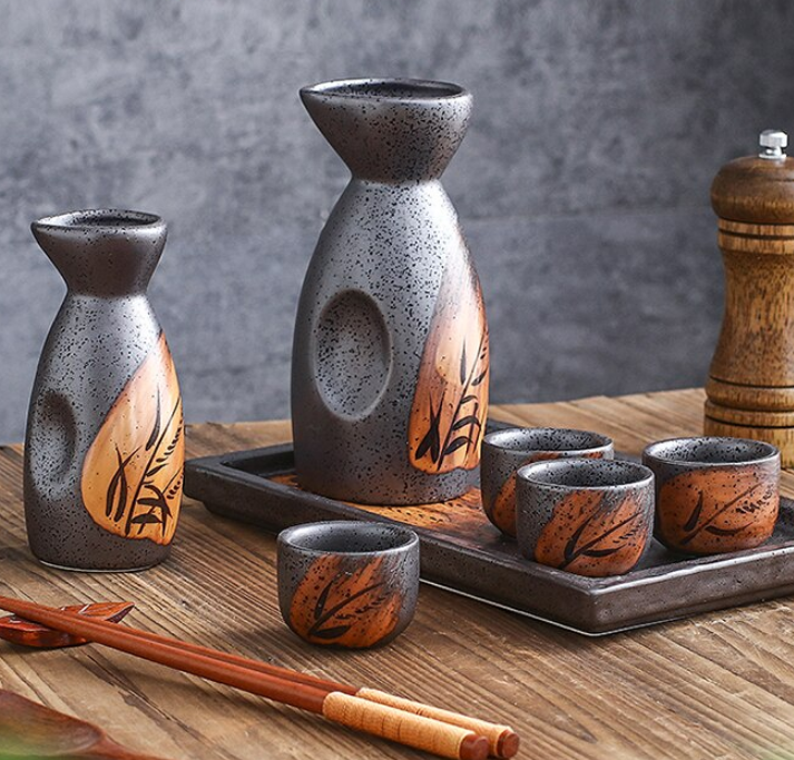 Hand-Painted Ceramic Sake Bottle Spirit Pot Jar Cup Tray Japanese