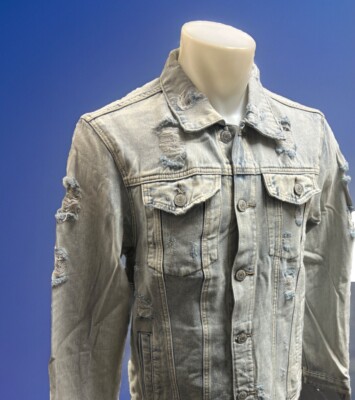MEN VICTORIOUS DENIM Jacket LIGHT BLUE INDIGO JEAN RIPPED DISTRESSED VINTAGE 100