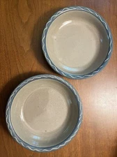 Set of 2 Vintage Jugtown Ware Pottery  9” Bowls Blue Trim 1987