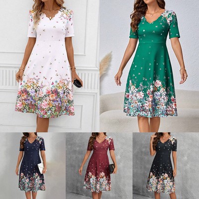 Damen Blumen A-Linie-Kleid Sommerkleid V-Neck Kurzarm Freizeitkleid Midikleid 