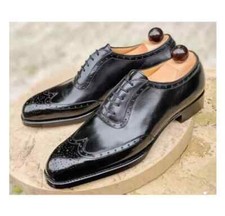Genuine Leather Black Color Burnished Toe Brogue Formal Dress Lace Up Men Shoes