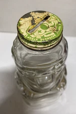 GRAPETTE SODA SYRUP 7" GLASS CLOWN BANK BOTTLE w COIN SLOT LID, VINTAGE