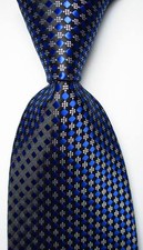 New Classic Checks Dark Blue Black White JACQUARD WOVEN Silk Men's Tie Necktie