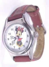 Women Disney Minnie Mouse Watch by Mzb Mck371 Red Faux Leather Band Silver Case