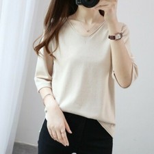 Femme Tricoté Demi Manche Pull Tricot Basique T-Shirt Col V Pull