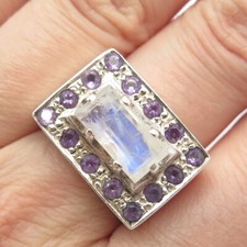 925 Sterling Silver Vintage Real Moonstone  Amethyst Gemstone Ring Size 6.25