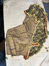 Antique Woman  s Bonnet Plaid Ruffles Wired Brim Taffeta Ribbon Lace