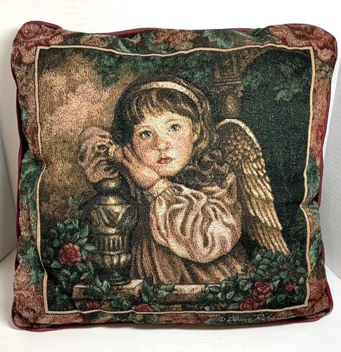 Vintage MCM Guardian Angel Rose Garden Tapestry Throw Pillow Burgundy Green - Picture 5 of 7