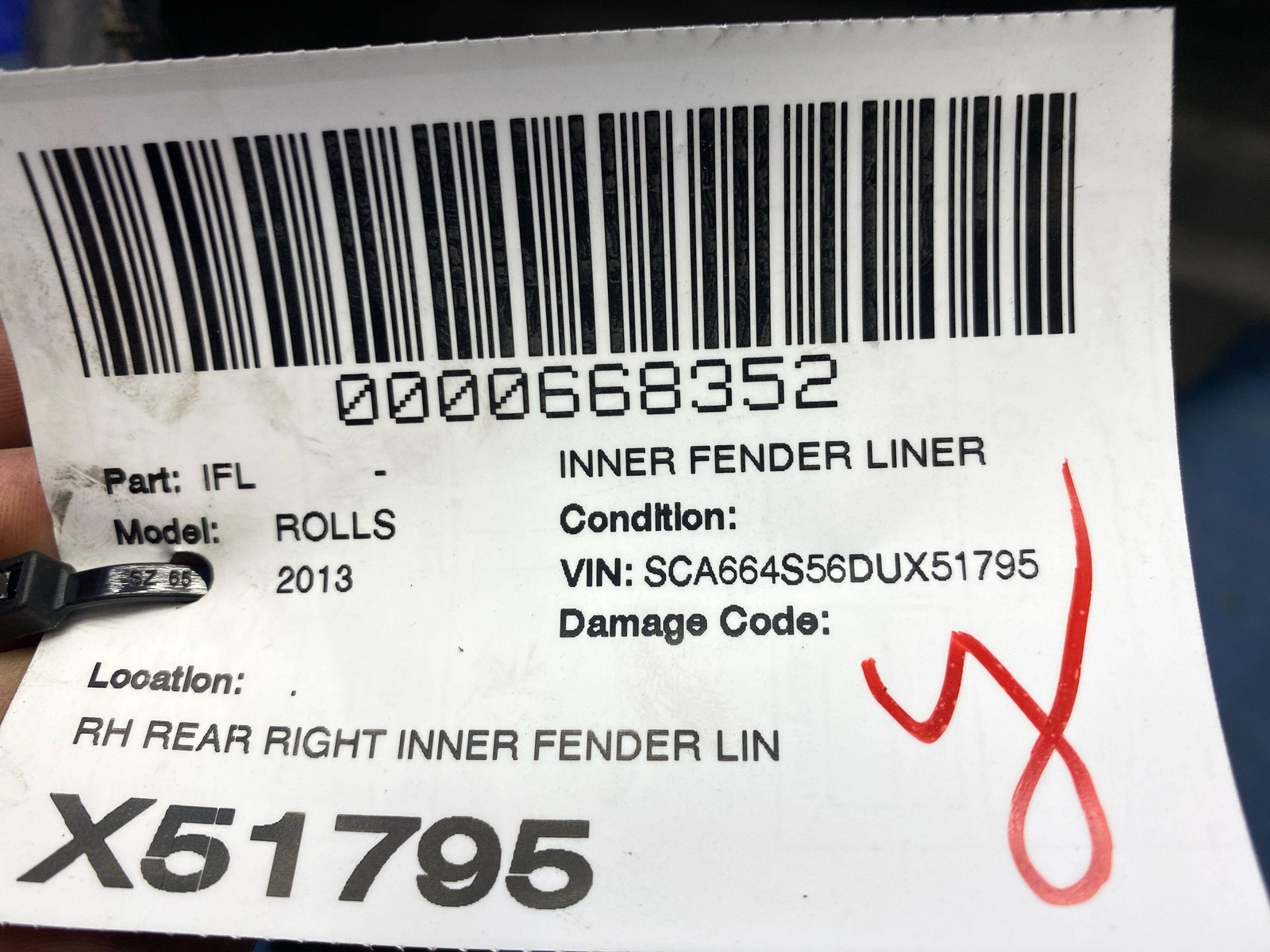 2009-2014 ROLLS ROYCE GHOST REAR RIGHT INNER FENDER LINER SPLASH SHIELD TRIM OEM