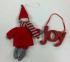 Christmas Ornament LOT Joy Red Glitter Wood Fabric Holiday Elf Gift Tie-ons NEW