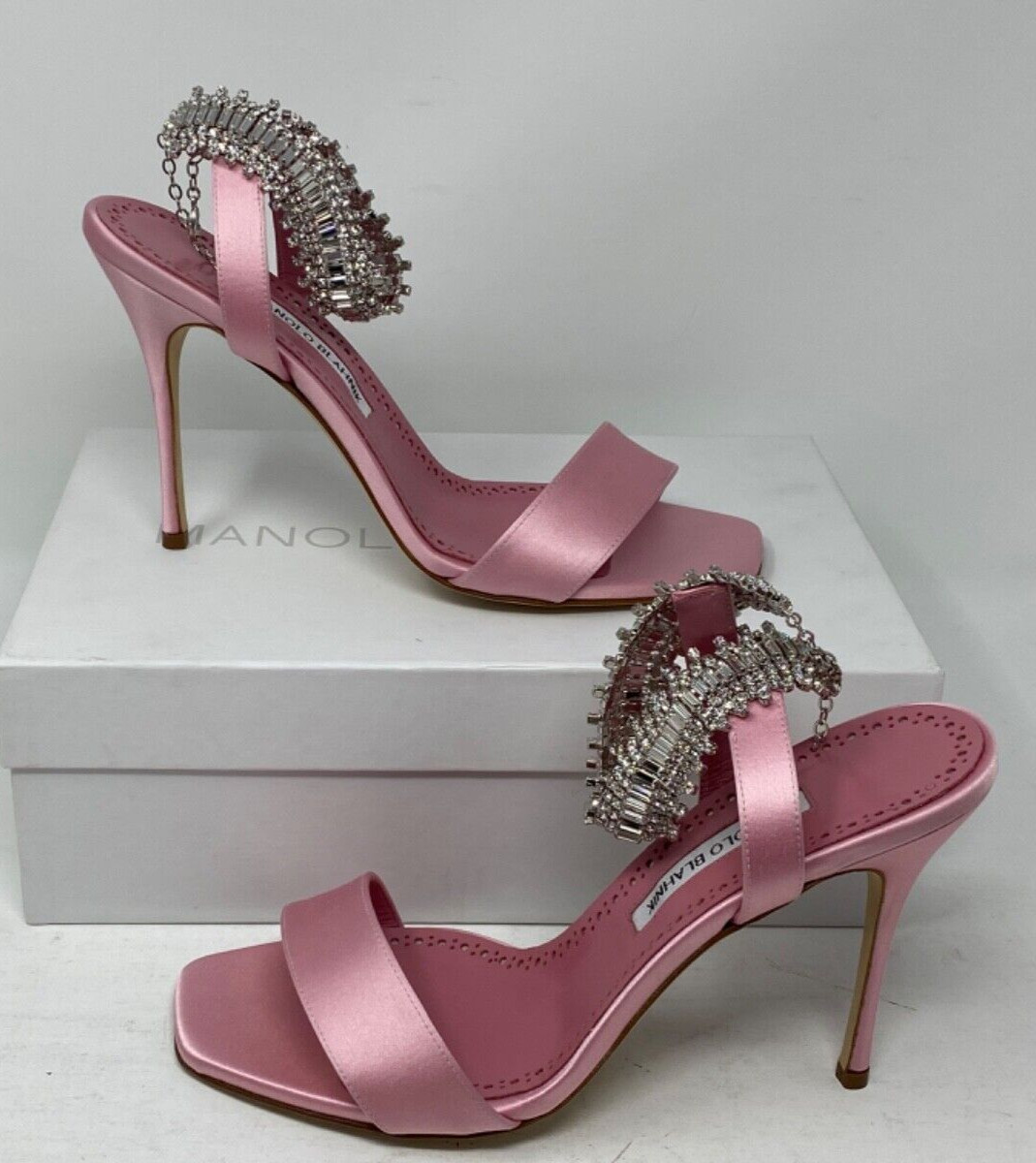 Manolo Blahnik Pink Satin Crystal Ankle-Strap Sandals 41 image 6