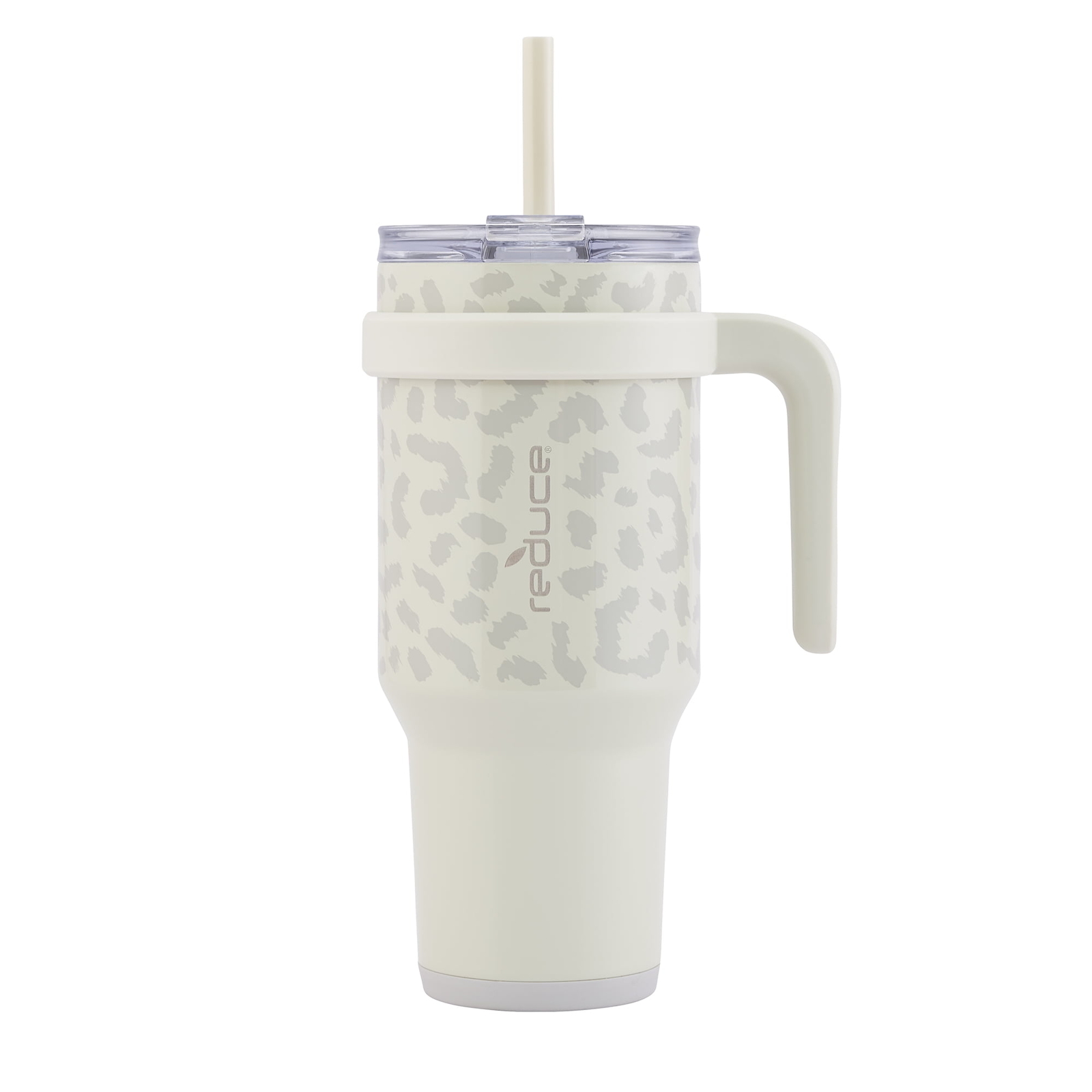 Tumbler - Straw, Lid & Handle. Insulated Stainless Steel 40oz, Snow Leopard