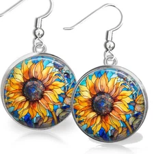 Sunflower Radiating Positivity Flower .925 Sterling Dangle Earrings Vibes Gift