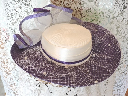 Vintage Ladies Purple & White Church Derby Garden Party Wide Brim Hat - Picture 5 of 6