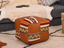 Leather Foot Stool Ottoman, Handmade Pouf, Moroccan Pouffe, Unique Home Decor