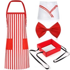 4PC 1950s Waiter Costume Kit Soda Jerk Apron Tray Hat Diner Dress Up
