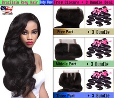 3 Bundles Natural Black BODY WAVE Virgin Brazilian Human Hair with Lace Closure