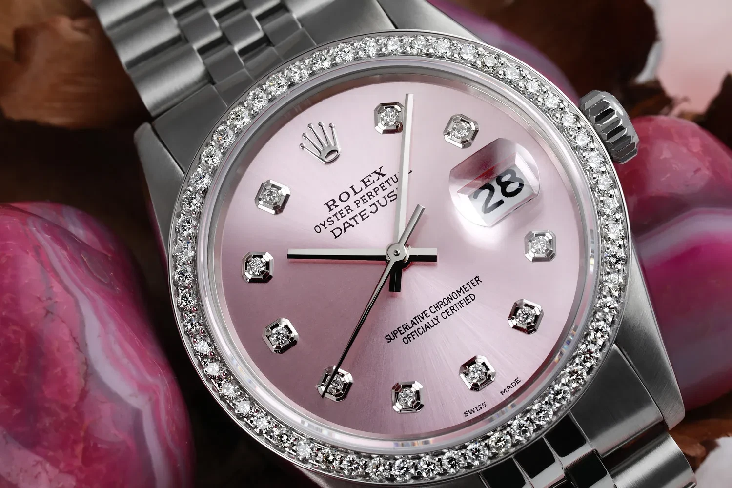 Orologio Rolex Datejust 36 mm quadrante diamante rosa acciaio inox lunetta diamantata