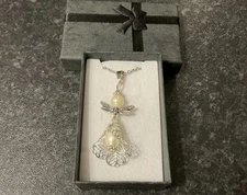 Handmade Silver Tone And Faux Pearl Guardian Angel Pendant Necklace, Gift Box