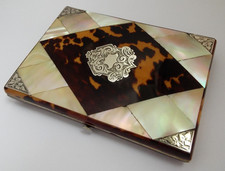 BEAUTIFUL ANTIQUE c1880 SOLID STERLING SILVER FAUX TORTOISESHELL & MOP CARD CASE