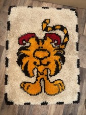Vintage Latch Hook Rug Unisex Cream Tiger Retro Kitsch Wall Hanging Art