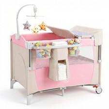 5 in 1 Pack and Play w/Diaper Changer Cozy Mattress Lockable Wheels Travel Bag
