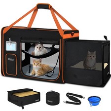 Side Expandable Extra Large Cat Carrier with Litter Box Area for Long Distanc...
