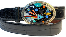 Genuine Alligator Belt US 42 Cosmic Stone Inlay Oval Belt Buckle Nickel Silver