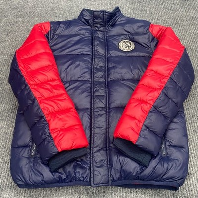 Diesel Full Zip Snap Puffer Jacket Youth Size 14 Blue Red Colorblock Nylon Shell