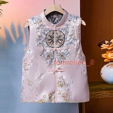 Womens Retro Chinese Vest Thicken Cotton Warm Embroidery Waistcoat Frog Button