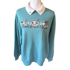 Morning Sun Vintage Bird Graphic Collar Sweatshirt Teal Large Nature 90s Cottage