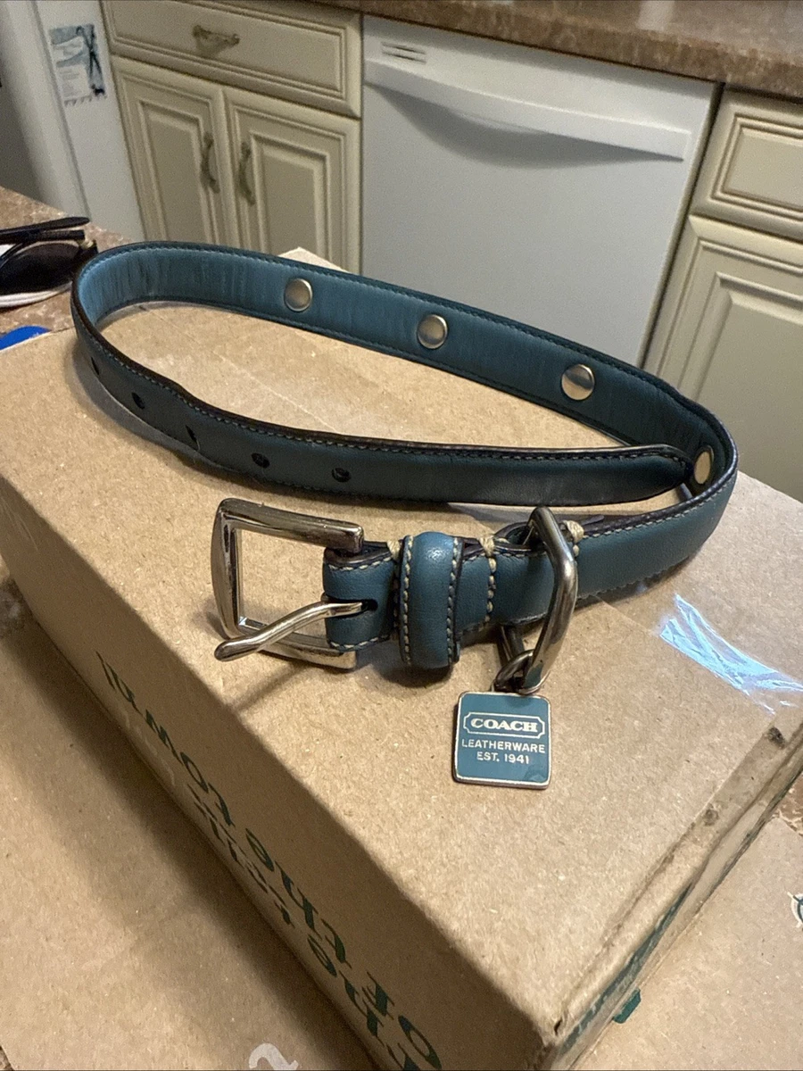 VINTAGE Y2k Auth COACH White LEATHER Blue JACQUARD Pet DESIGNER Small Dog LEASH Coach Signature C Black Leather & Jacquard XS Puppy Dog  main image 2