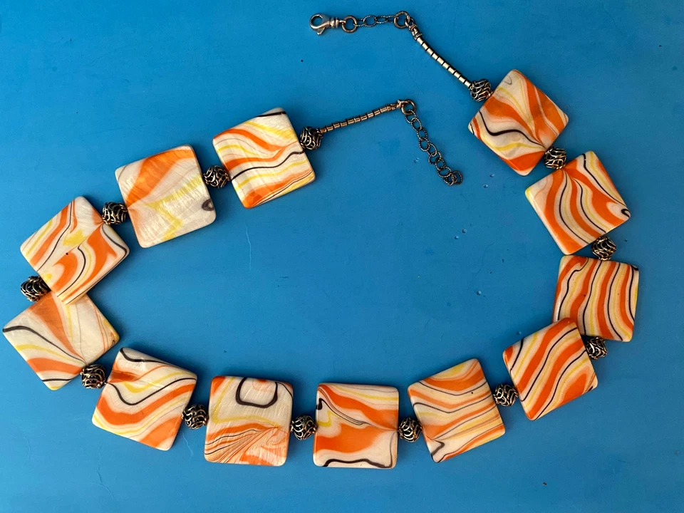 Collar Vintage Madreperla Multicolor Concha Cuadrada Espaciador Plata Esterlina Foto 2 de 4