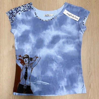English Tea Blue Tie Dye Raw Edge Cap Sleeve Sequins Hand Crafted Baby Doll T