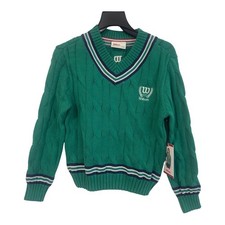 Wilson Kids Green Cable Knit V-Neck Sweater Navy White Stripe Trim Size M 8 NWT