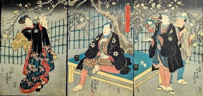 Antique Japanese Woodblock Print Triptych by Kunisada Actors Emjoying Ume c.184